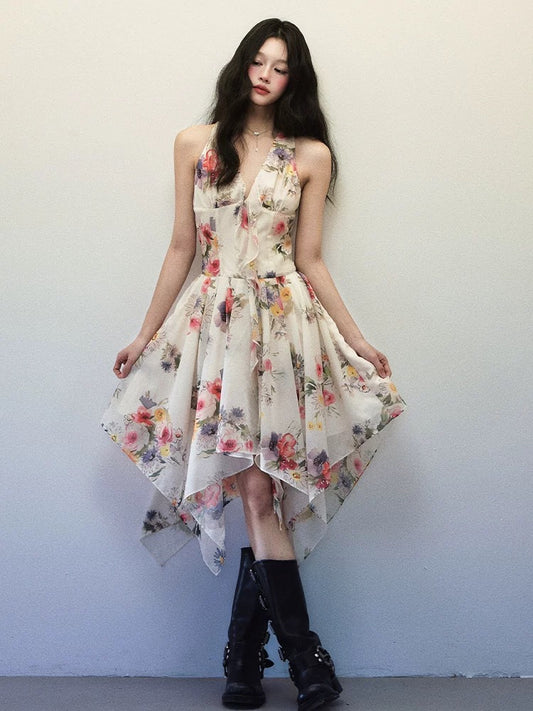 1P STUDIO "Romantic Mountain Flowers" watercolor print sleeveless dress female summer irregular V-neck halter dress