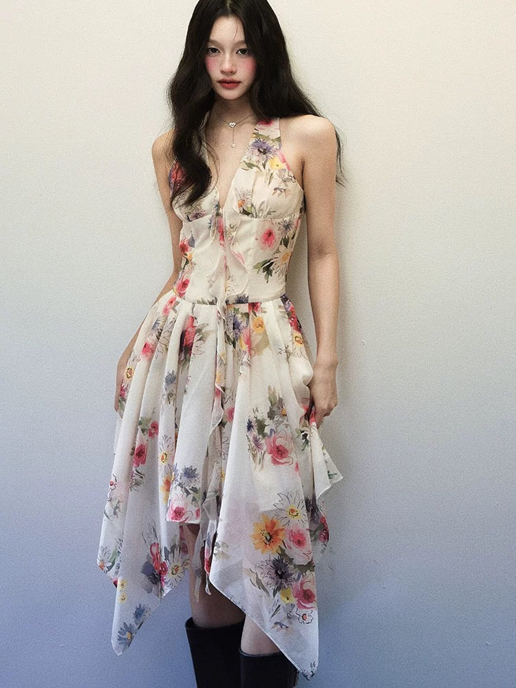 1P STUDIO "Romantic Mountain Flowers" watercolor print sleeveless dress female summer irregular V-neck halter dress