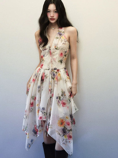 1P STUDIO "Romantic Mountain Flowers" watercolor print sleeveless dress female summer irregular V-neck halter dress