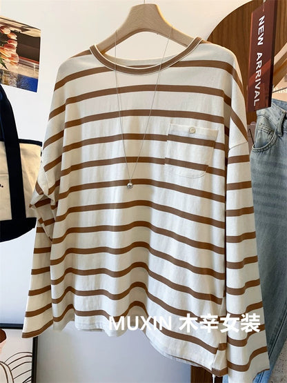 Striped button pocket pure cotton autumn new retro casual women's long-sleeved loose long-sleeved bottoming T-shirt
