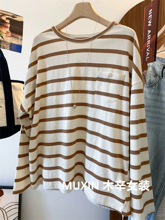 Striped button pocket pure cotton autumn new retro casual women's long-sleeved loose long-sleeved bottoming T-shirt