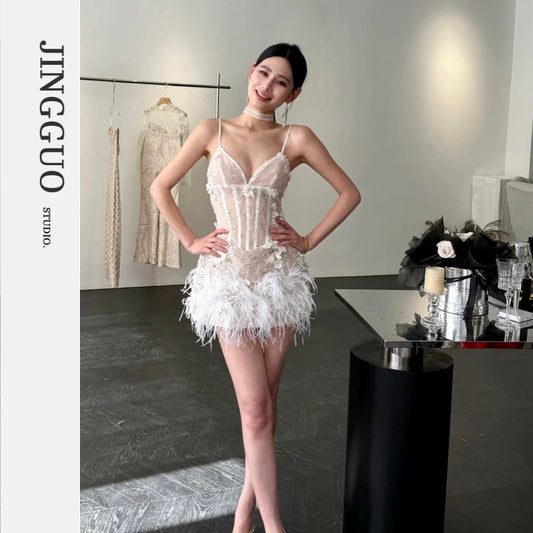 【JINGGUO Luxury】Niche Design French High-End Feather Suspender Sexy Dress 7617