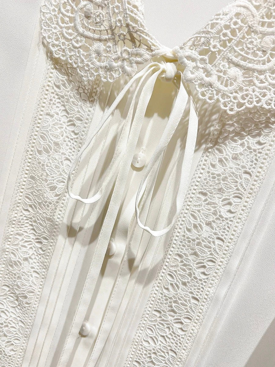 2024 new Korean temperament slim lapel hook flower lace solid color long sleeve chiffon shirt female spring thin top