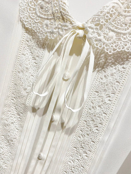 2024 new Korean temperament slim lapel hook flower lace solid color long sleeve chiffon shirt female spring thin top
