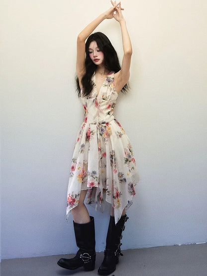 1P STUDIO "Romantic Mountain Flowers" watercolor print sleeveless dress female summer irregular V-neck halter dress