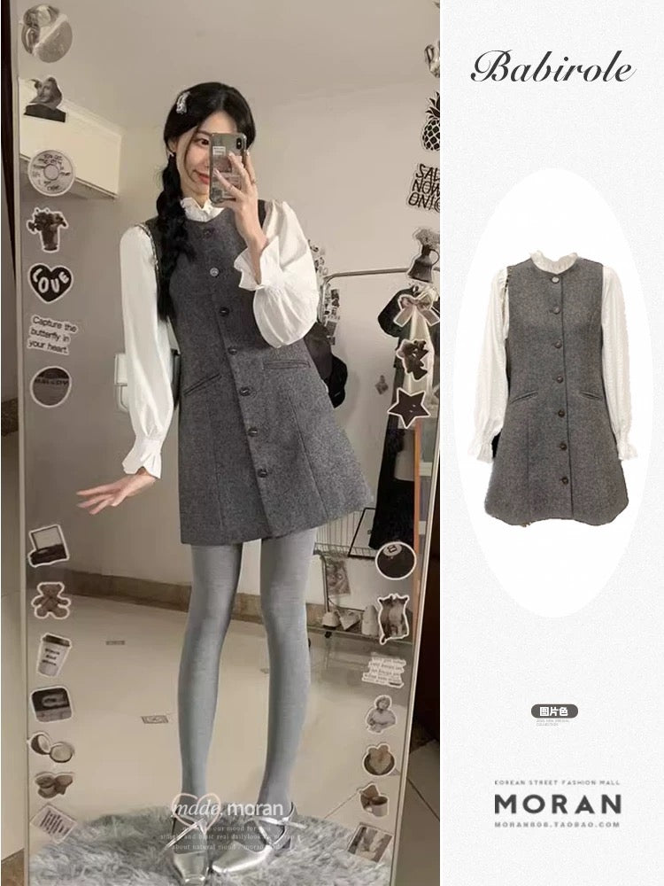 Breast style early autumn suit, small fragrant ruffled shirt, sleeveless vest, woolen dress, two-piece suit for women