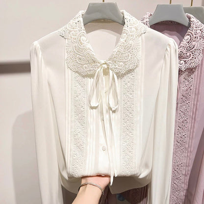2024 new Korean temperament slim lapel hook flower lace solid color long sleeve chiffon shirt female spring thin top