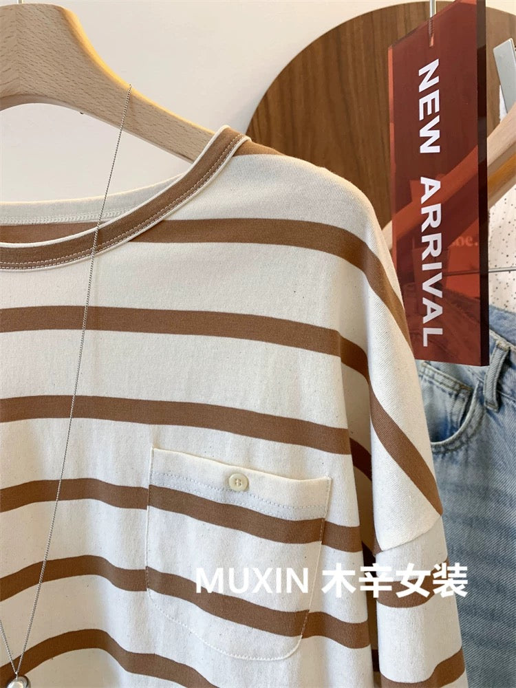 Striped button pocket pure cotton autumn new retro casual women's long-sleeved loose long-sleeved bottoming T-shirt