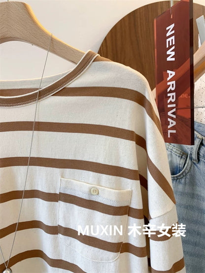 Striped button pocket pure cotton autumn new retro casual women's long-sleeved loose long-sleeved bottoming T-shirt