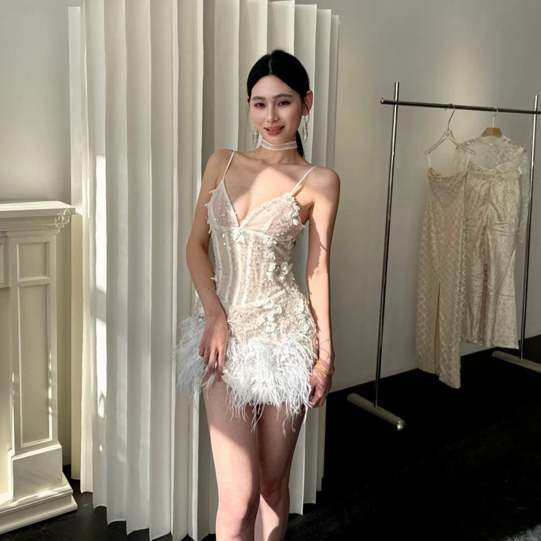 【JINGGUO Luxury】Niche Design French High-End Feather Suspender Sexy Dress 7617