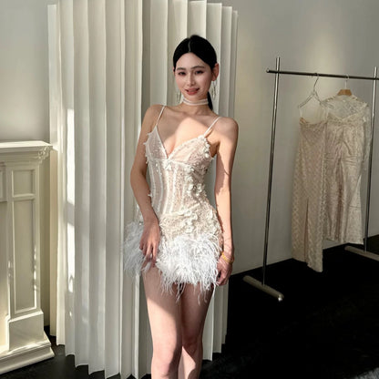 【JINGGUO Luxury】Niche Design French High-End Feather Suspender Sexy Dress 7617
