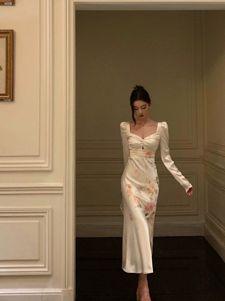 Godfrey French Square Neck Satin Dress Women's 2024 Spring New Pure Desire Long Sleeve Slim Fit Hip Long Dress