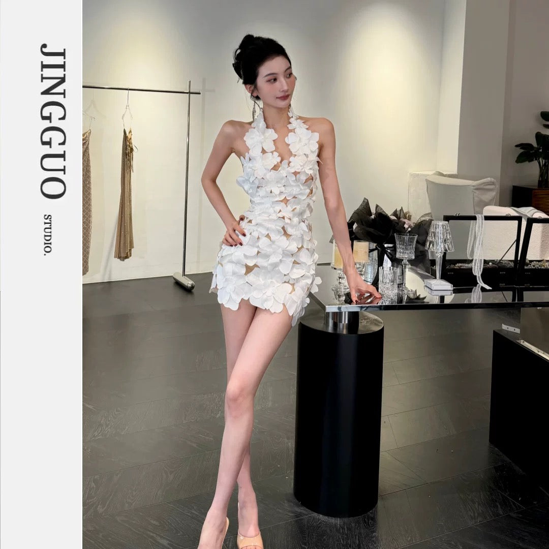 【JINGGUO Luxury】Niche Design French Sexy Three-Dimensional Floral Slim Fit Dress 7406