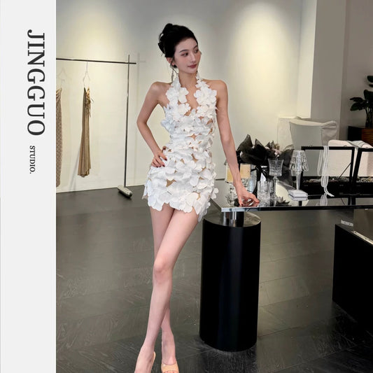 【JINGGUO Luxury】Niche Design French Sexy Three-Dimensional Floral Slim Fit Dress 7406