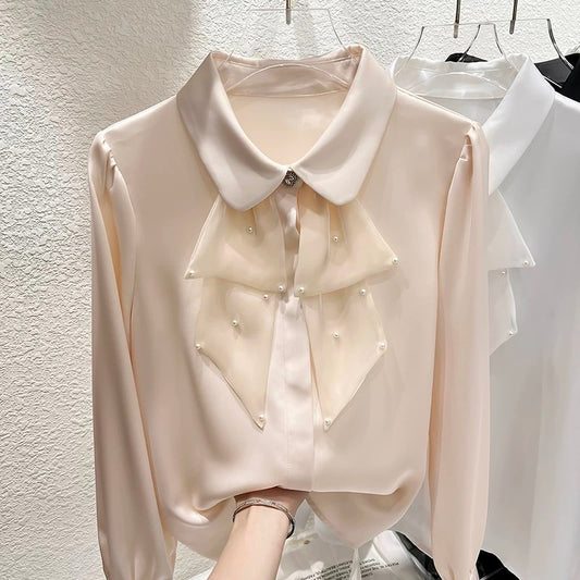2023 new Korean temperament slim lapel ruffle beaded stitching long-sleeved shirt female spring chiffon top