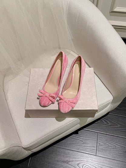 Jianghou Pink Suede Stiletto Heels with Round Toe and Sweet Bow – Suitable for Engagement and Everyday Wear