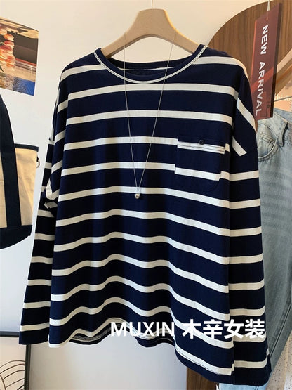 Striped button pocket pure cotton autumn new retro casual women's long-sleeved loose long-sleeved bottoming T-shirt