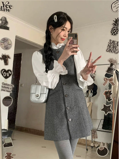 Breast style early autumn suit, small fragrant ruffled shirt, sleeveless vest, woolen dress, two-piece suit for women