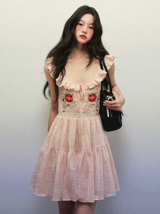 1P STUDIO Cotton flower embroidery small flying sleeve dress female summer drawstring lotus leaf V-neck short skirt