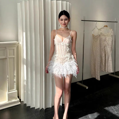 【JINGGUO Luxury】Niche Design French High-End Feather Suspender Sexy Dress 7617