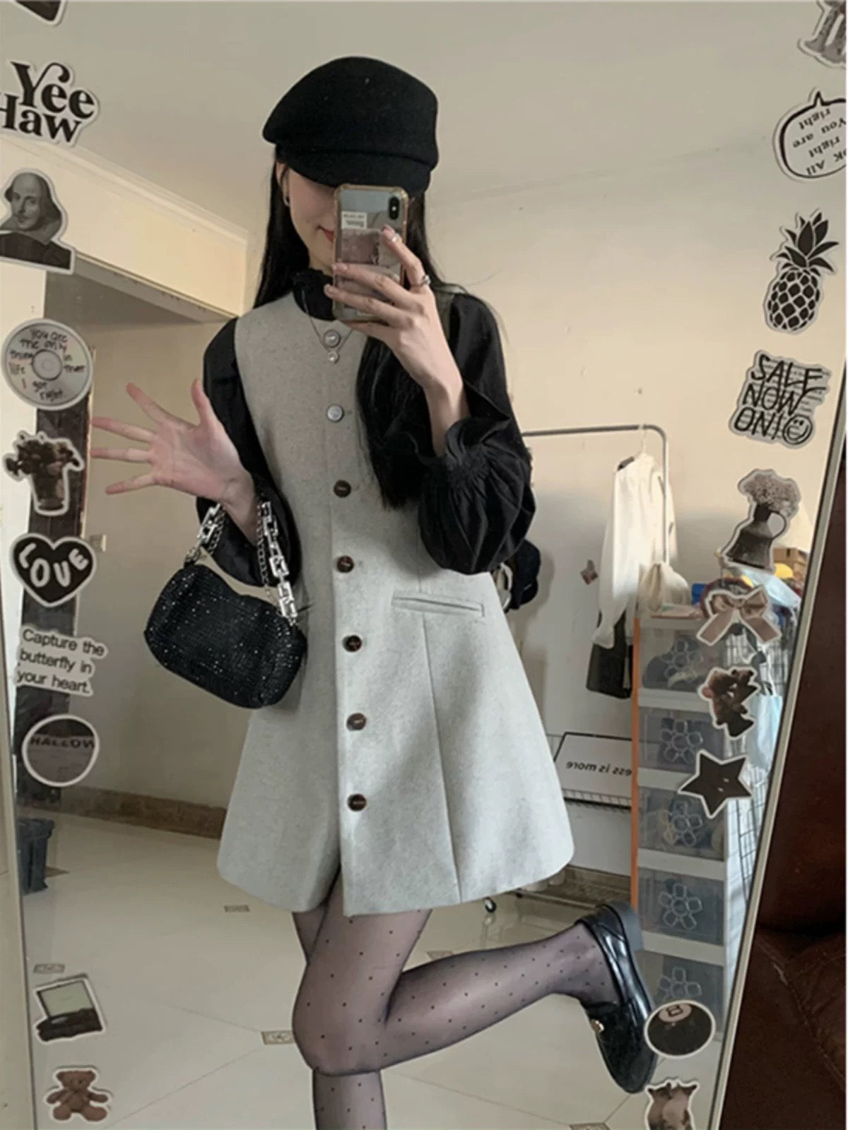 Breast style early autumn suit, small fragrant ruffled shirt, sleeveless vest, woolen dress, two-piece suit for women