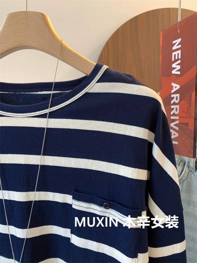 Striped button pocket pure cotton autumn new retro casual women's long-sleeved loose long-sleeved bottoming T-shirt