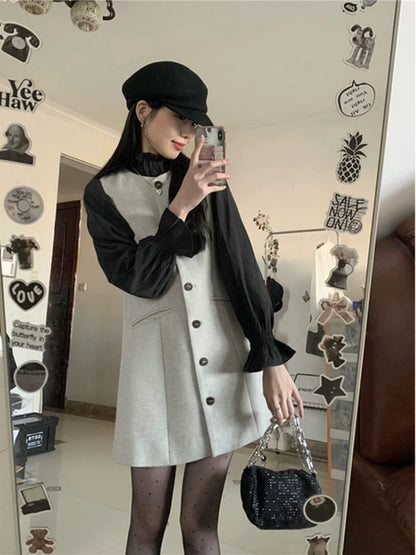 Breast style early autumn suit, small fragrant ruffled shirt, sleeveless vest, woolen dress, two-piece suit for women