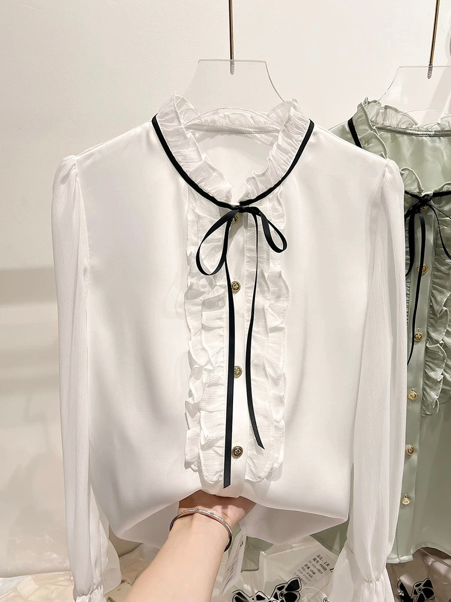 2024 new Korean temperament slim stand collar wood ear edge stitching lace long sleeve chiffon shirt female spring
