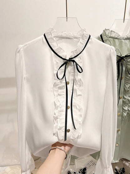 2024 new Korean temperament slim stand collar wood ear edge stitching lace long sleeve chiffon shirt female spring
