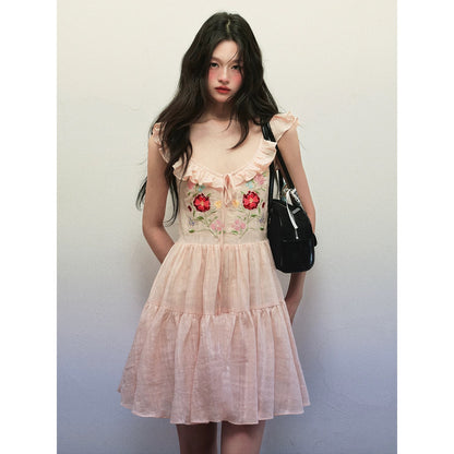1P STUDIO Cotton flower embroidery small flying sleeve dress female summer drawstring lotus leaf V-neck short skirt