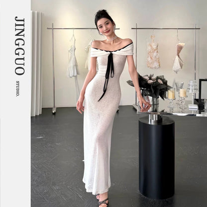 【JINGGUO Luxury】Niche Design French Gentle and Alluring Off-Shoulder Elegant Socialite Dress 7676