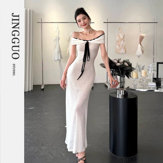 【JINGGUO Luxury】Niche Design French Gentle and Alluring Off-Shoulder Elegant Socialite Dress 7676