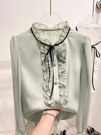 2024 new Korean temperament slim stand collar wood ear edge stitching lace long sleeve chiffon shirt female spring