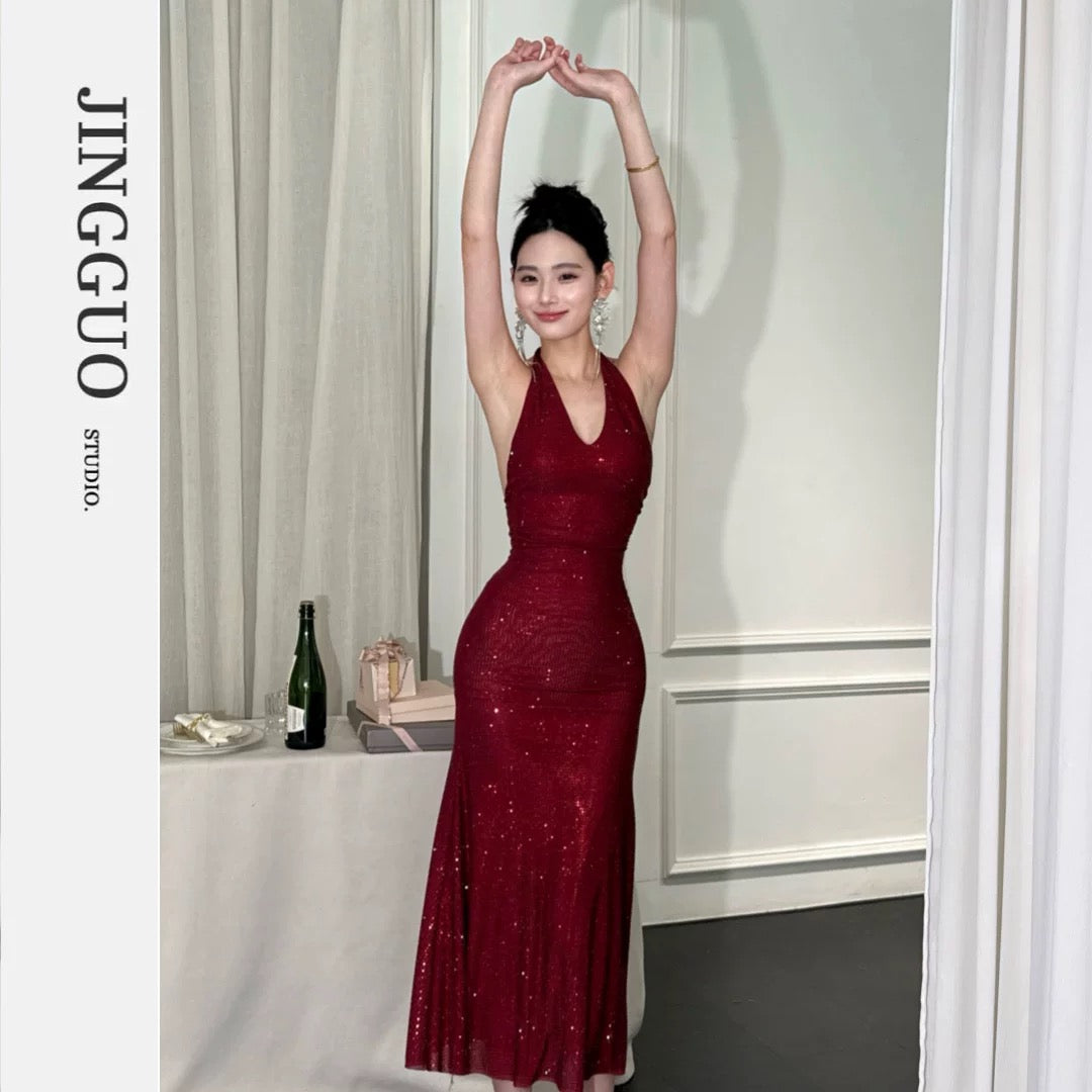【JINGGUO Luxury】Niche French Sexy V-Neck Full Rhinestone Halter Neck Slim Fit Party Goddess Dress 7602