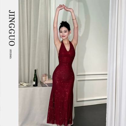 【JINGGUO Luxury】Niche French Sexy V-Neck Full Rhinestone Halter Neck Slim Fit Party Goddess Dress 7602