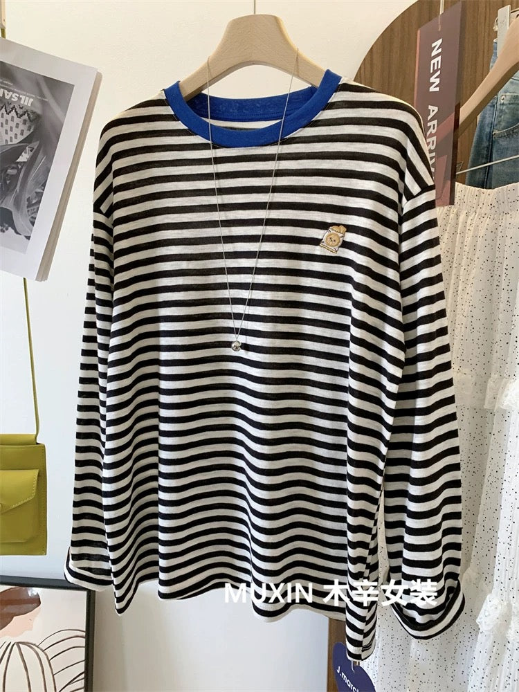 Embroidered biscuit color matching collar striped bamboo cotton autumn new Korean women's youth fashion loose T-shirt