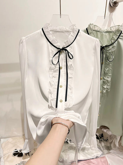 2024 new Korean temperament slim stand collar wood ear edge stitching lace long sleeve chiffon shirt female spring