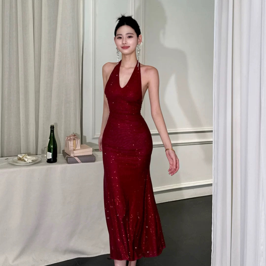 【JINGGUO Luxury】Niche French Sexy V-Neck Full Rhinestone Halter Neck Slim Fit Party Goddess Dress 7602