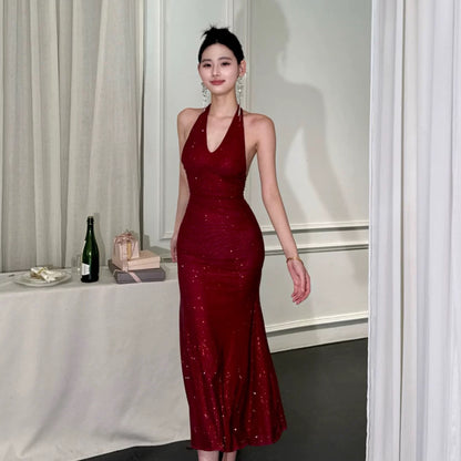 【JINGGUO Luxury】Niche French Sexy V-Neck Full Rhinestone Halter Neck Slim Fit Party Goddess Dress 7602