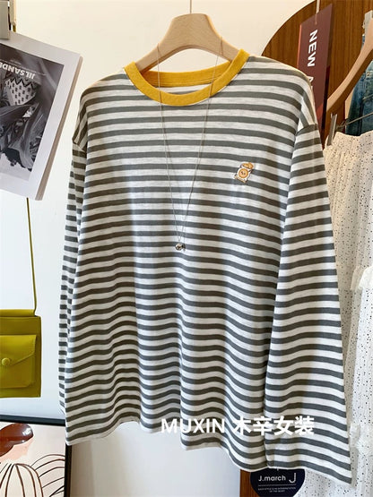 Embroidered biscuit color matching collar striped bamboo cotton autumn new Korean women's youth fashion loose T-shirt