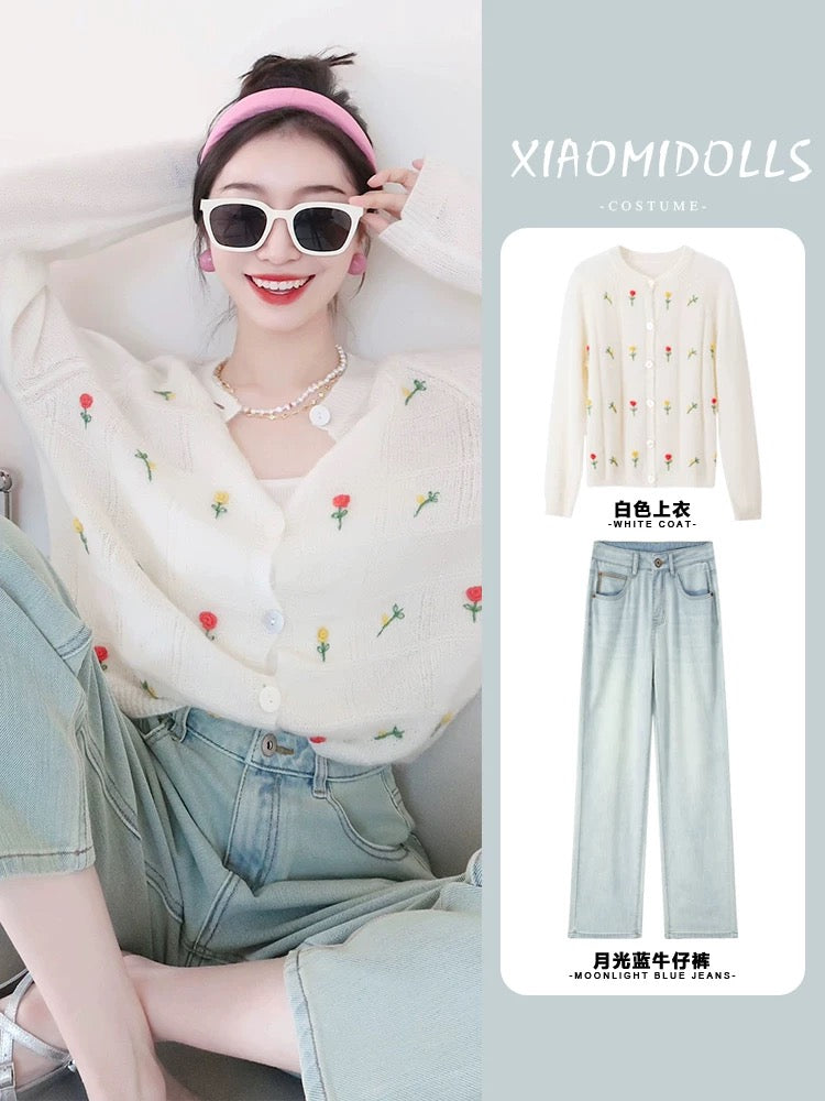 A complete set of tea style outfits 2024 early spring cool and sexy little girl capable and fashionable temperament top knitted suit
