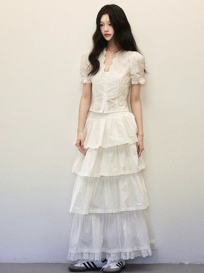 1P STUDIO White pure cotton hem waist short shirt multi-layer cake skirt half-length skirt two-piece suit