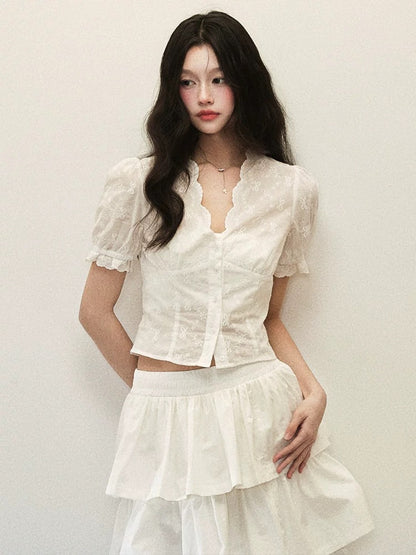 1P STUDIO White pure cotton hem waist short shirt multi-layer cake skirt half-length skirt two-piece suit