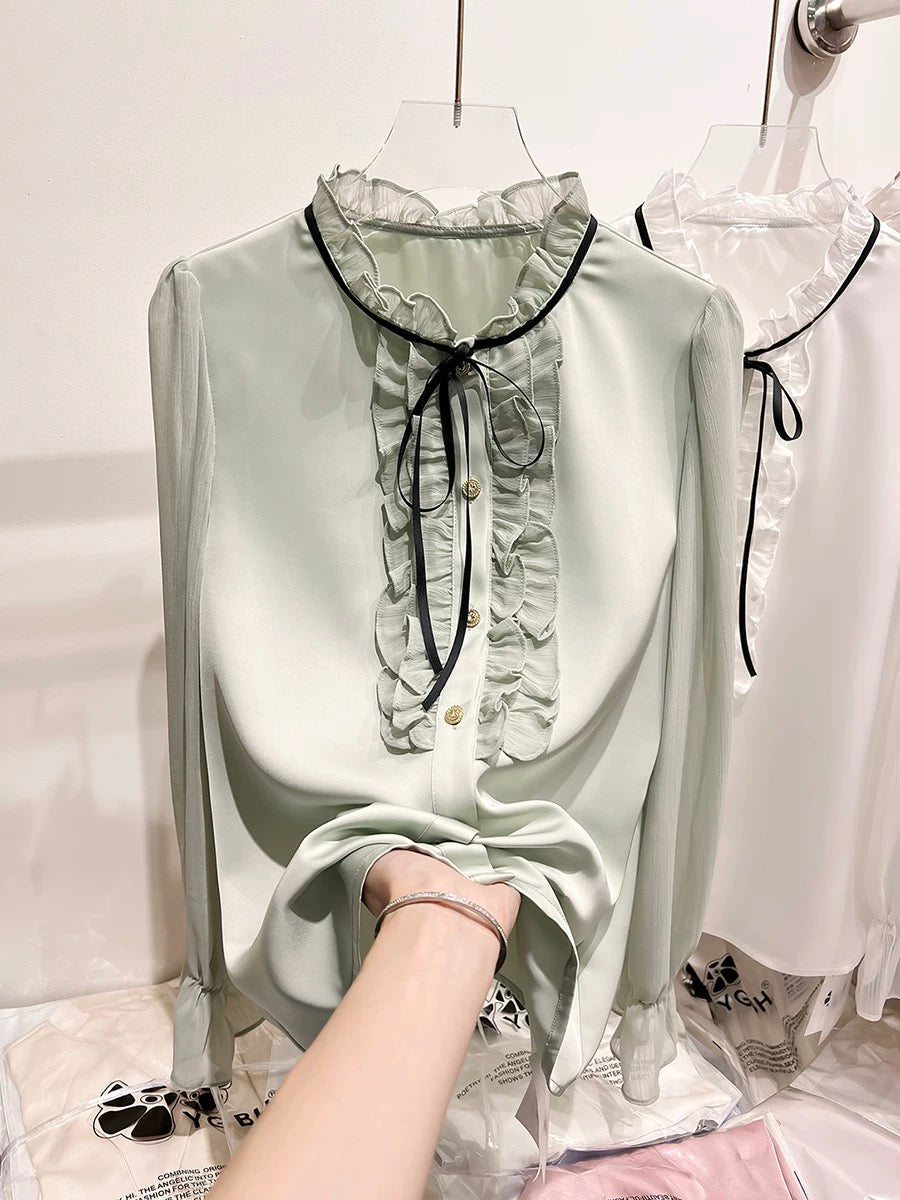 2024 new Korean temperament slim stand collar wood ear edge stitching lace long sleeve chiffon shirt female spring