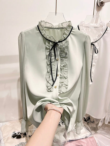 2024 new Korean temperament slim stand collar wood ear edge stitching lace long sleeve chiffon shirt female spring