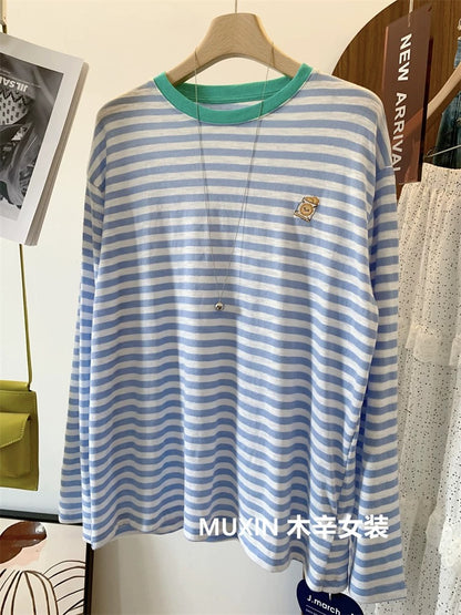 Embroidered biscuit color matching collar striped bamboo cotton autumn new Korean women's youth fashion loose T-shirt