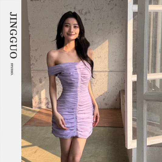 【JINGGUO Luxury】Niche Design Elegant Off-Shoulder Mesh Dress with Sexy Bodycon Skirt 7094