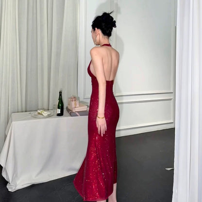【JINGGUO Luxury】Niche French Sexy V-Neck Full Rhinestone Halter Neck Slim Fit Party Goddess Dress 7602