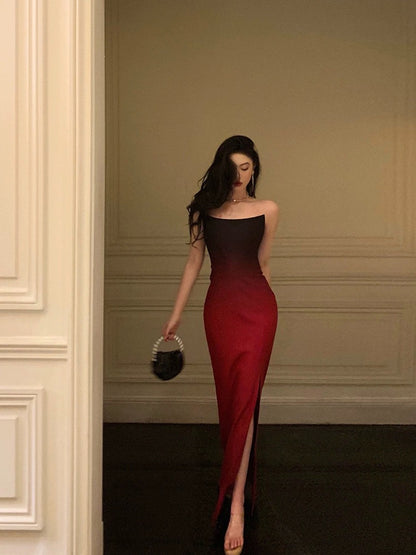 Godfrey's over-the-top gradient tube top dress for women 2024 new niche design temperament slit dress long skirt