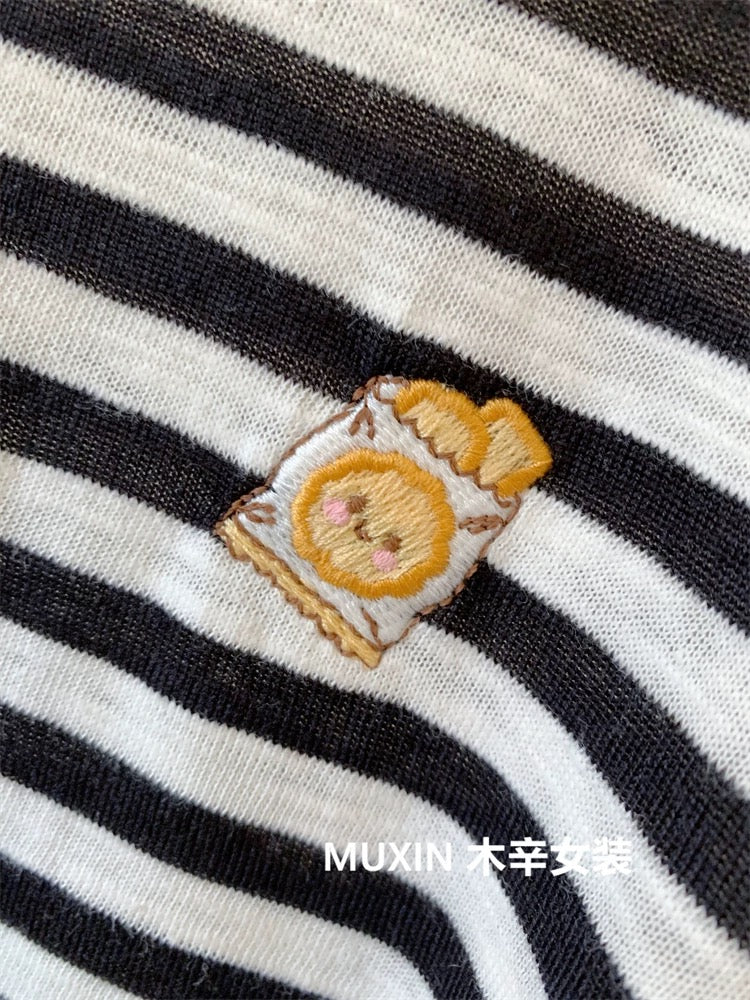 Embroidered biscuit color matching collar striped bamboo cotton autumn new Korean women's youth fashion loose T-shirt